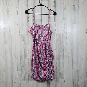 Shein pink black spaghetti strap ruched mini dress women's size large